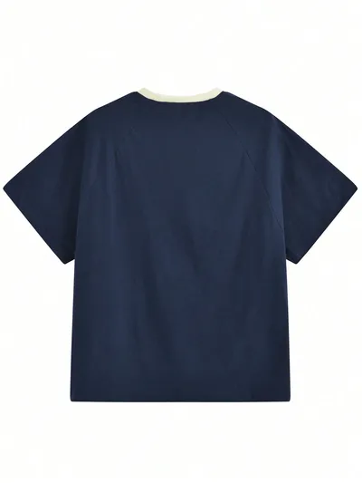 ネイビー×ラインでラフに着られるオーバーサイズ半袖Tシャツ