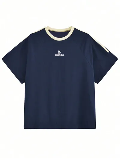 ネイビー×ラインでラフに着られるオーバーサイズ半袖Tシャツ