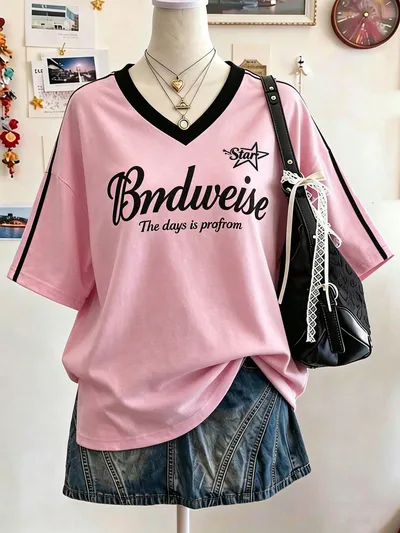 ピンク×黒ラインが映える スポーティ半袖Tシャツ