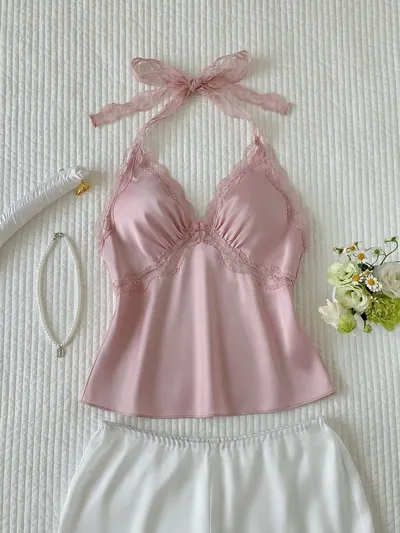 ピンクレースで海外ガールっぽいバックレス風キャミブラウス