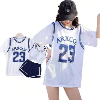 バスケTシャツ風メッシュトップス×ビスチェ風ブラ×ショートパンツ スポーティー水着3点セット
