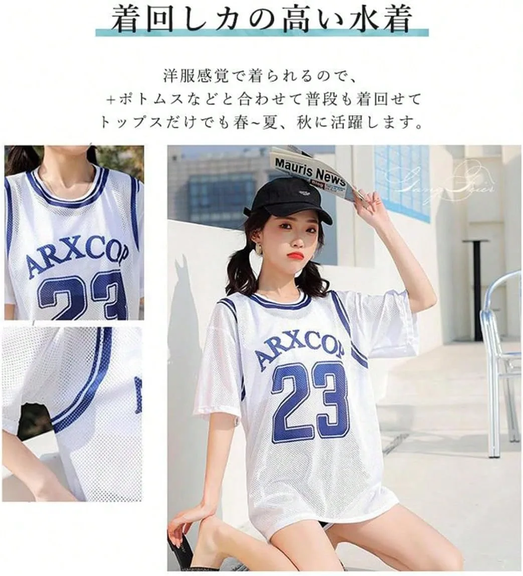 バスケTシャツ風メッシュトップス×ビスチェ風ブラ×ショートパンツ スポーティー水着3点セット