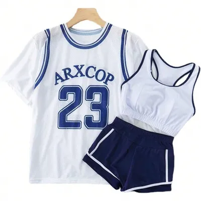 バスケTシャツ風メッシュトップス×ビスチェ風ブラ×ショートパンツ スポーティー水着3点セット