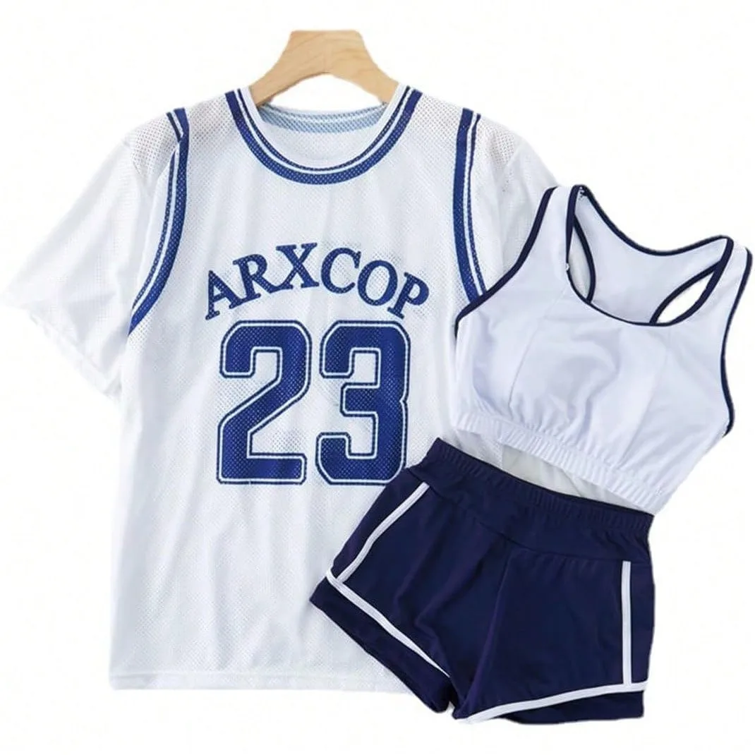 バスケTシャツ風メッシュトップス×ビスチェ風ブラ×ショートパンツ スポーティー水着3点セット