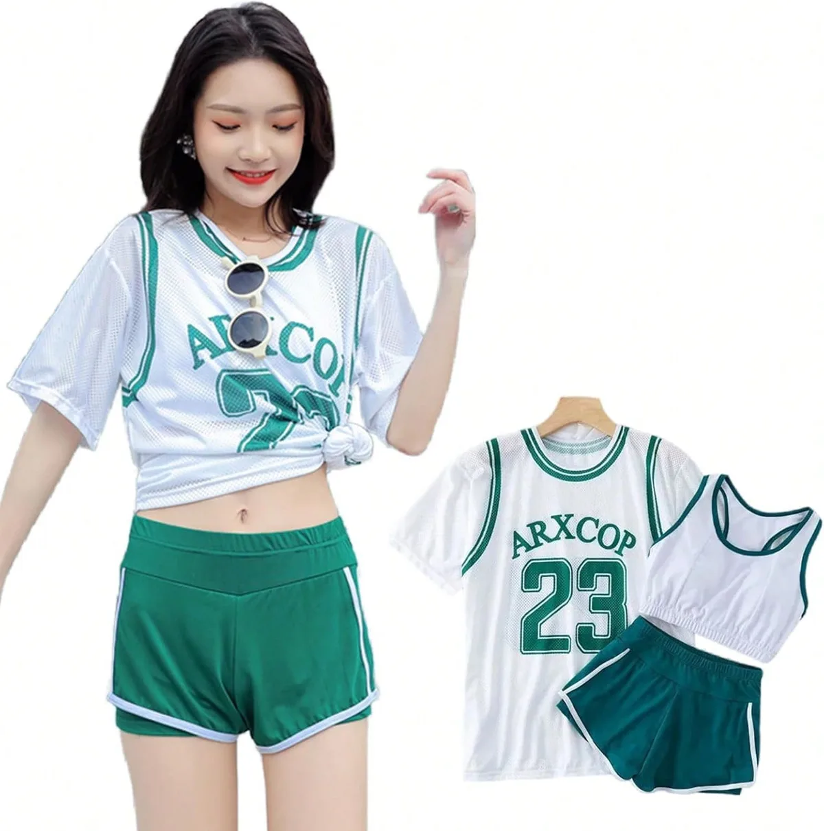 バスケTシャツ風メッシュトップス×ビスチェ風ブラ×ショートパンツ スポーティー水着3点セット