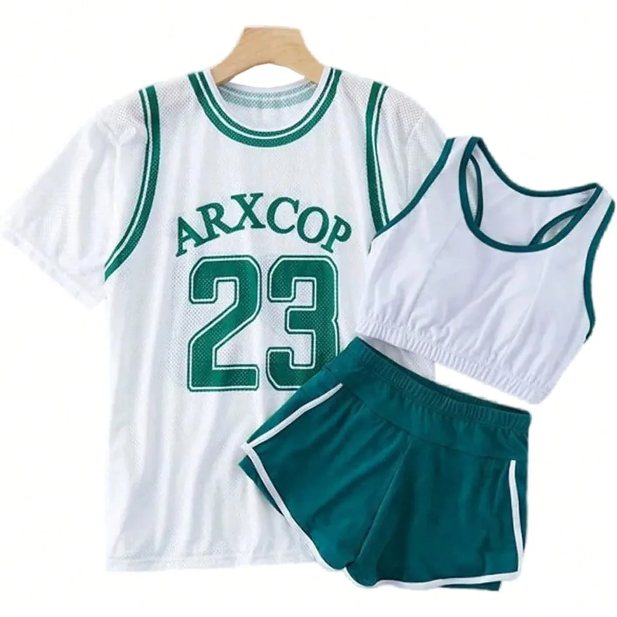 バスケTシャツ風メッシュトップス×ビスチェ風ブラ×ショートパンツ スポーティー水着3点セット